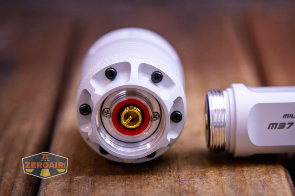 JETBeam M37 Crossbow flashlight head off showing threads and spring