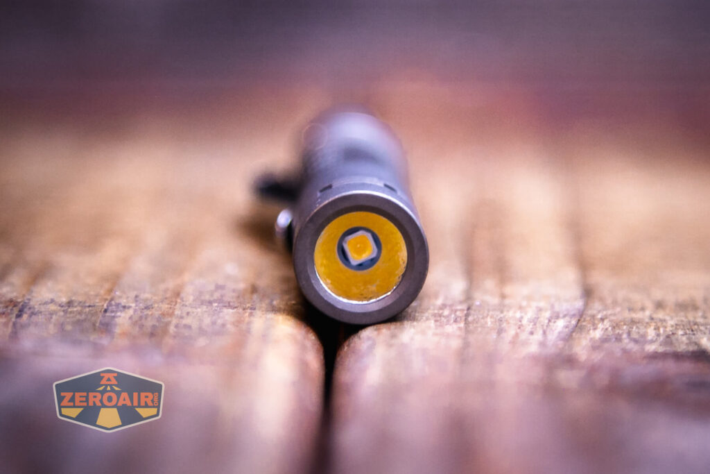 ReyLight Pineapple Mini Seigaiha flashlight in titanium emitter and reflector detail