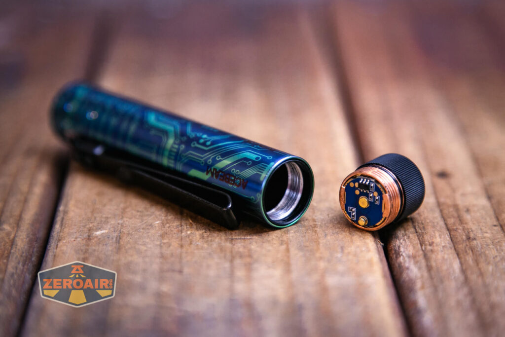 Acebeam Rider RX Titanium v2 flashlight head off showing threads
