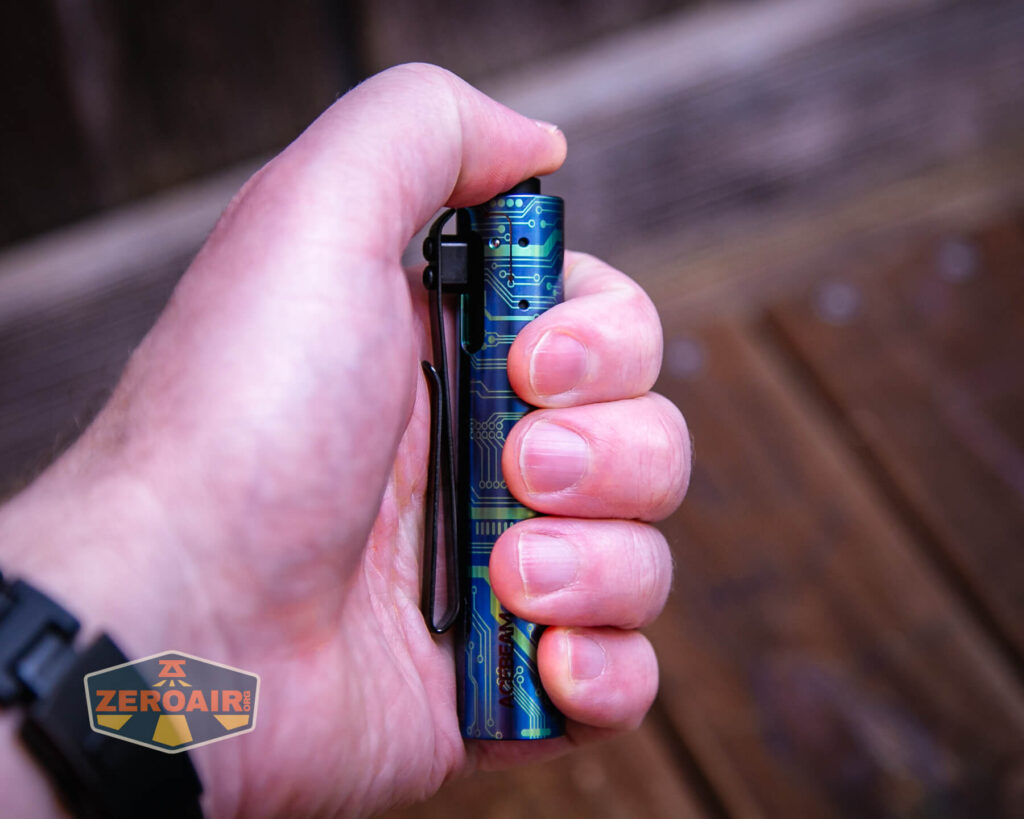 Acebeam Rider RX Titanium v2 flashlight in hand