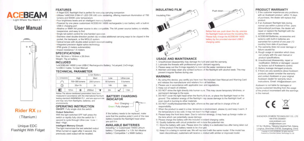 Acebeam Rider RX Titanium v2 flashlight manual