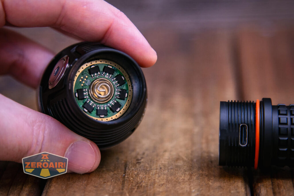 FireflyLite E12C flashlight head off showing electronics etc