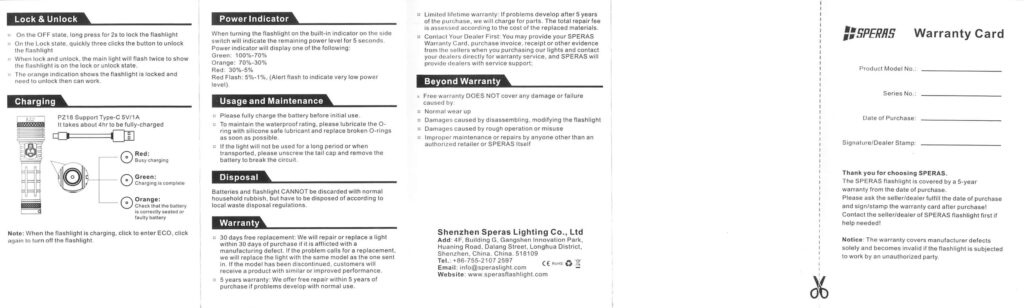 Speras PZ18 zoomable flashlight manual