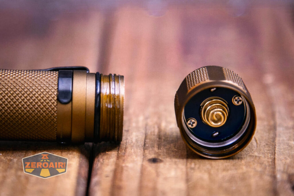 Acebeam T35 compact tactical flashlight tailcap spring and threads