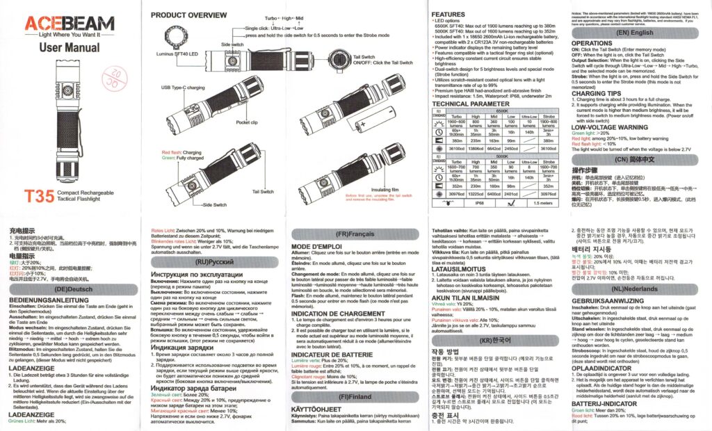 Acebeam T35 compact tactical flashlight manual