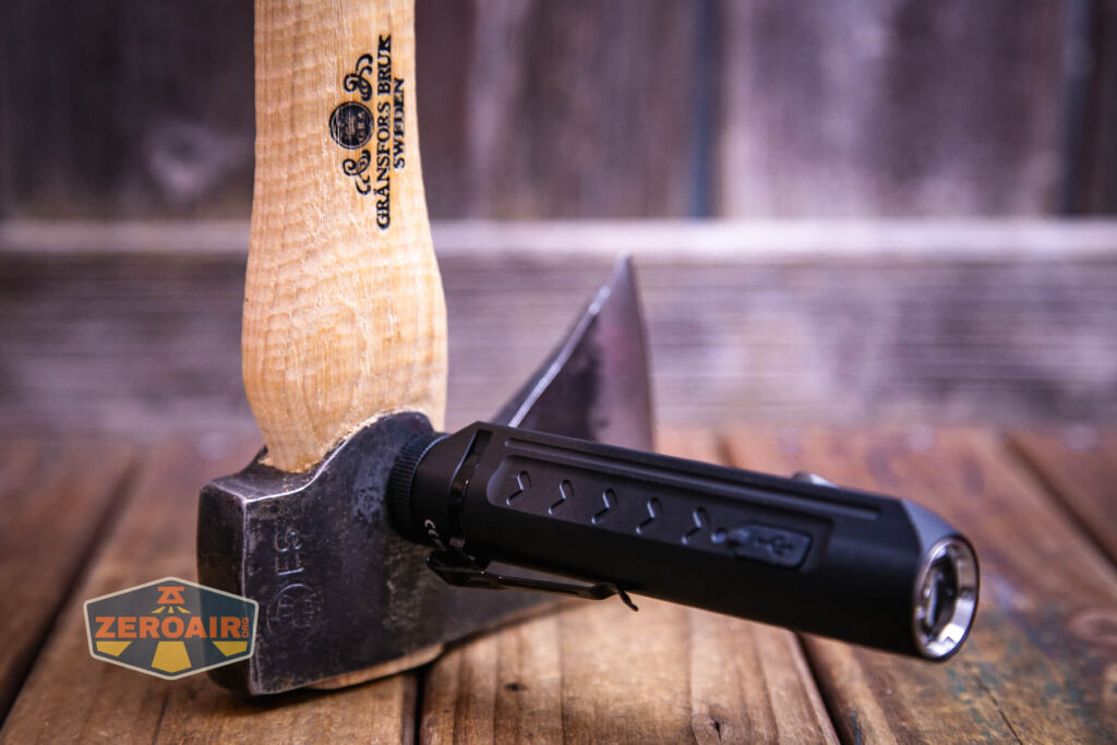 Sofirn IF24 RGB flashlight tailcap magnet in use
