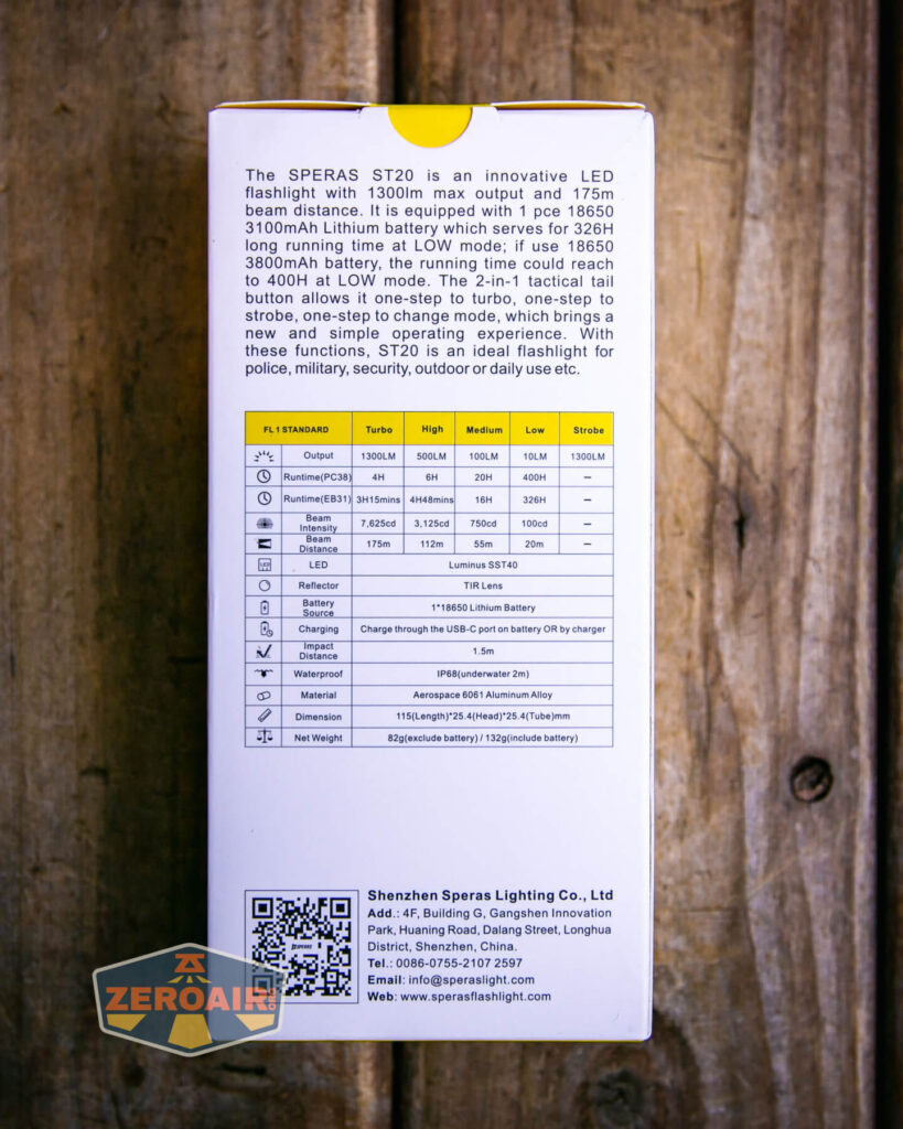 Speras ST20 tactical flashlight box