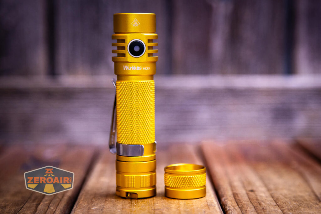 Wurkkos Golden WK03 flashlight showing two tailcaps