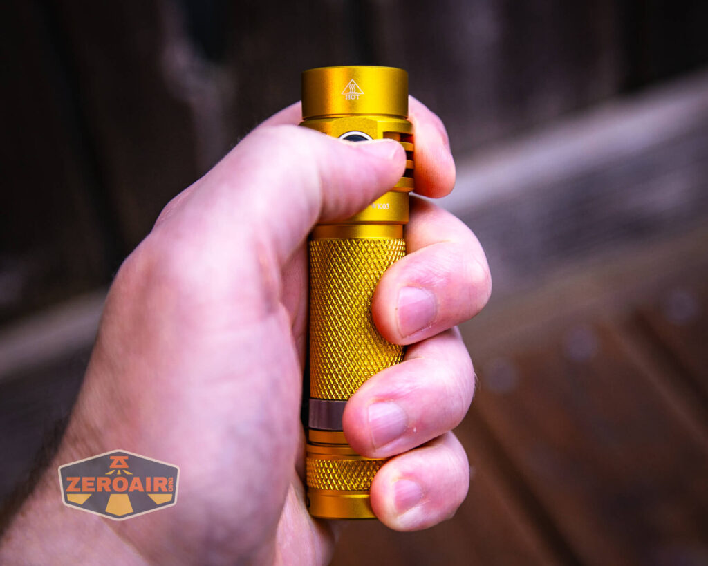 Wurkkos Golden WK03 flashlight in hand