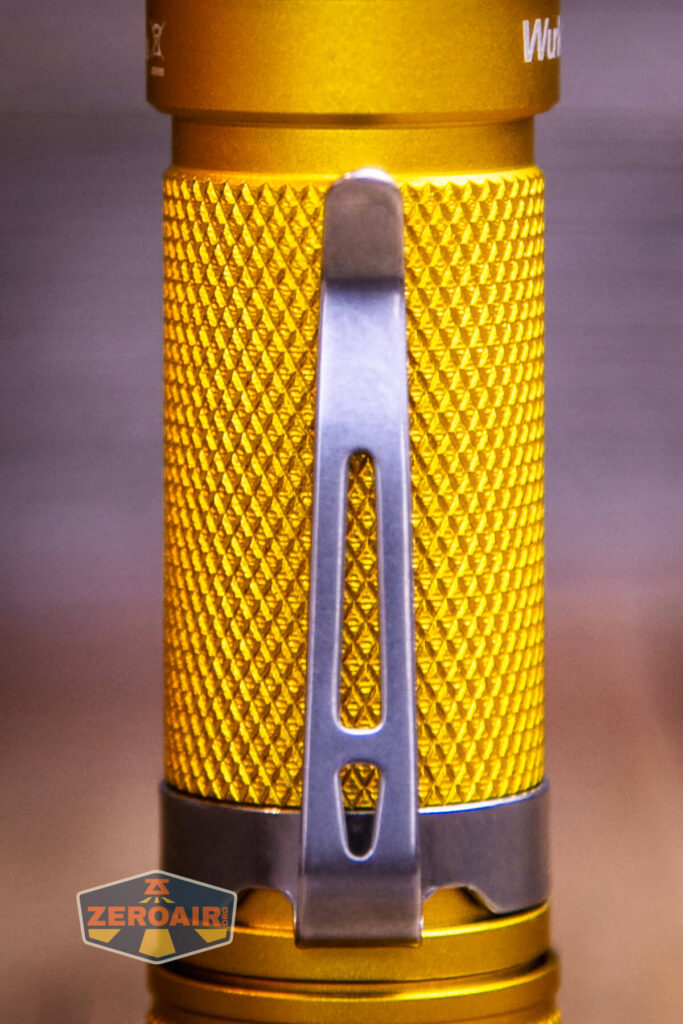 Wurkkos Golden WK03 flashlight pocket clip detail