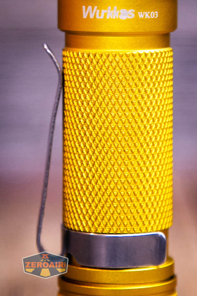 Wurkkos Golden WK03 flashlight pocket clip detail