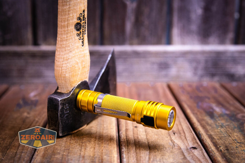 Wurkkos Golden WK03 flashlight using magnetic tailcap