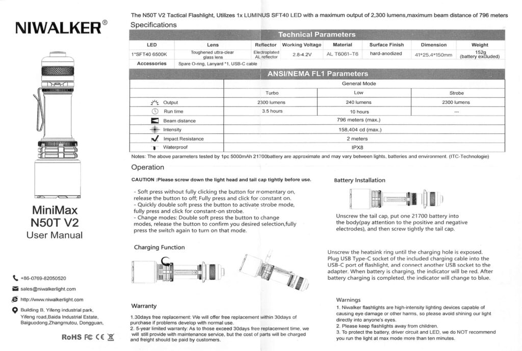 Niwalker N50T V2 flashlight manual