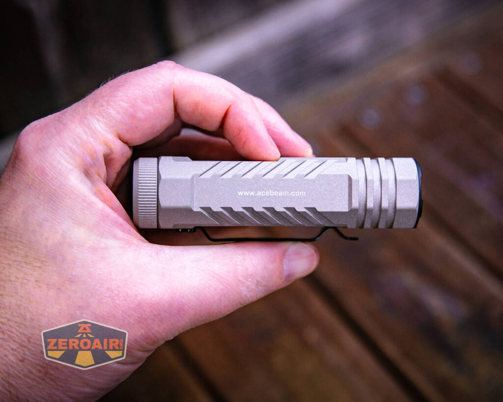 Acebeam Terminator M2-X flashlight in hand