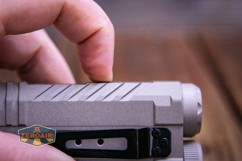 Acebeam Terminator M2-X flashlight side e-switch actuation