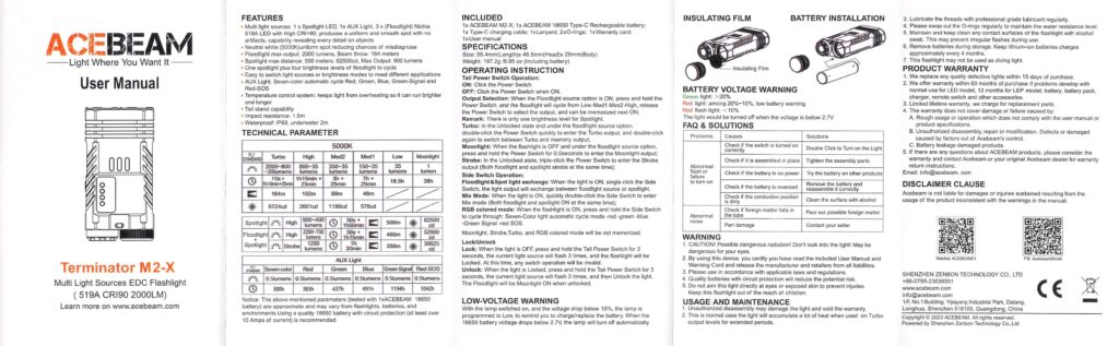 Acebeam Terminator M2-X flashlight manual