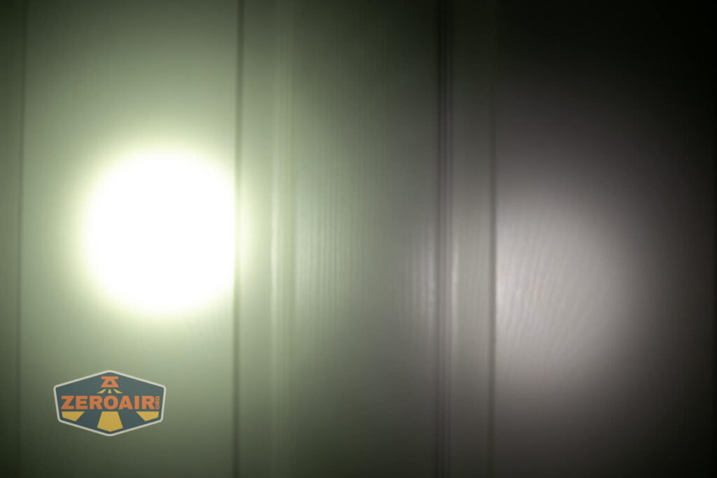 Convoy M21J 21700 flashlight beamshots on door (at 1') compared to nichia 219b 4500K