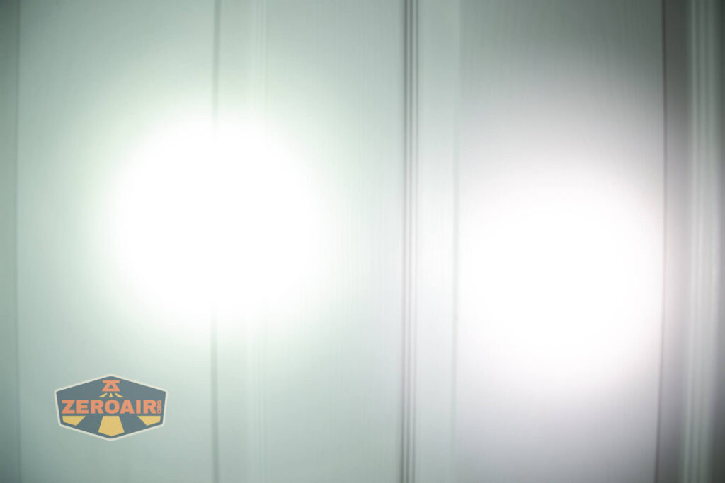 Imalent HT70 headlamp beamshots on door (at 1') compared to nichia 219b 4500K