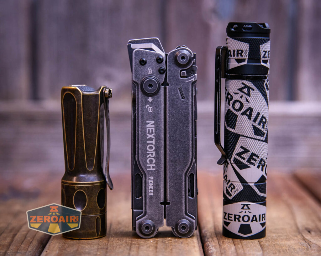 Nextorch Pioneer MT20 multi-tool with two standard sized flashlights