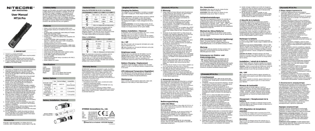 Nitecore MT1A Pro EDC flashlight manual