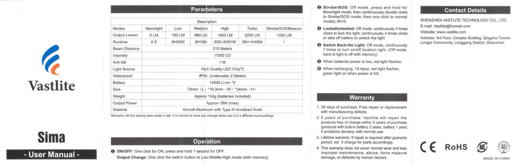 Vastlite Sima flashlight manual