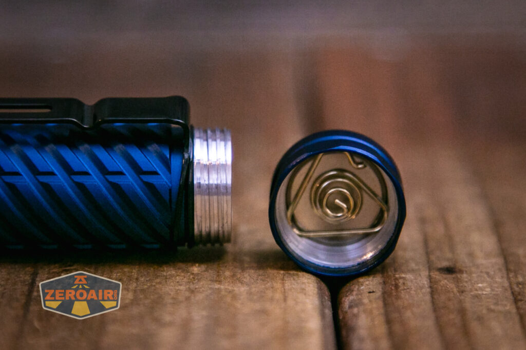 Acebeam EC20 Multi-light Source EDC flashlight tailcap off showing threads