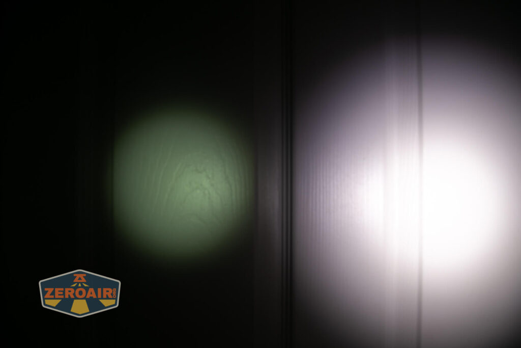 Acebeam EC20 Multi-light Source EDC flashlight beamshots on door (at 1') compared to nichia 219b 4500K