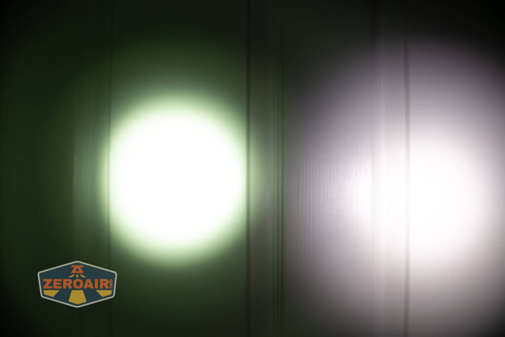 Acebeam EC20 Multi-light Source EDC flashlight beamshots on door (at 1') compared to nichia 219b 4500K
