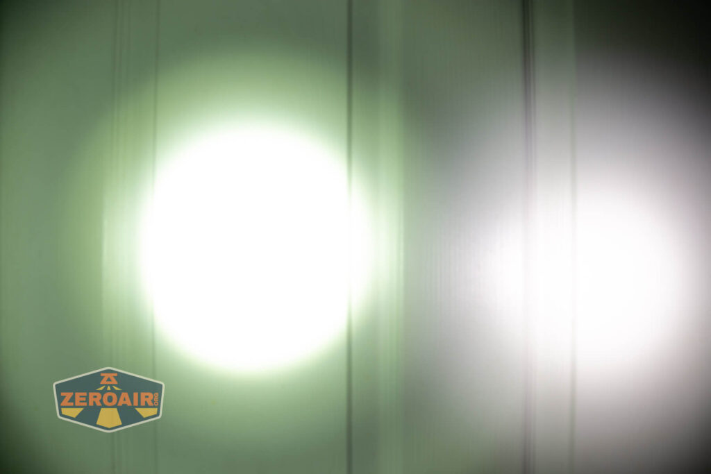 Acebeam EC20 Multi-light Source EDC flashlight beamshots on door (at 1') compared to nichia 219b 4500K