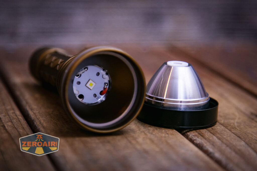 Skilhunt EC500 Coyote neutral white flashlight bezel and reflector removed