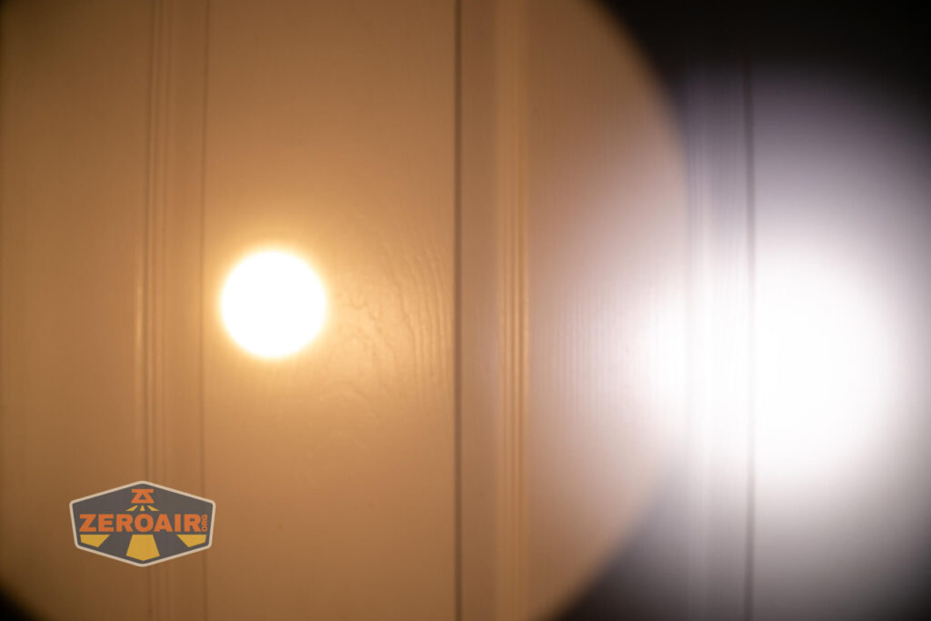 Skilhunt EC500 warm white flashlight beamshots on door (at 1') compared to nichia 219b 4500K