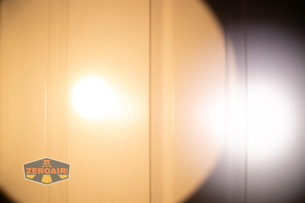 Skilhunt EC500 warm white flashlight beamshots on door (at 1') compared to nichia 219b 4500K