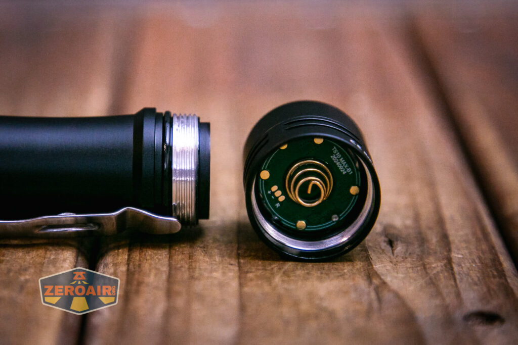 Wurkkos TS10 MAX flashlight head off showing threads and spring