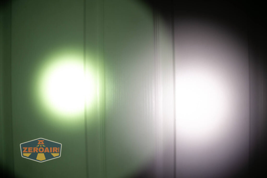 Cyansky Vanguard flashlight beamshots on door (at 1') compared to nichia 219b 4500K