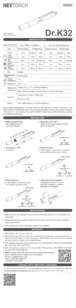 Nextorch Dr.K32 Medical penlight manual