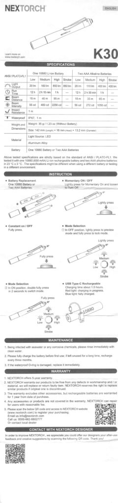 Nextorch K30 penlight manual