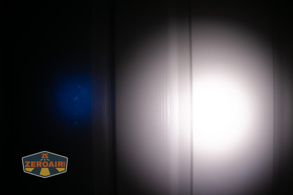 Nextorch K33 UV penlight beamshots on door (at 1') compared to nichia 219b 4500K