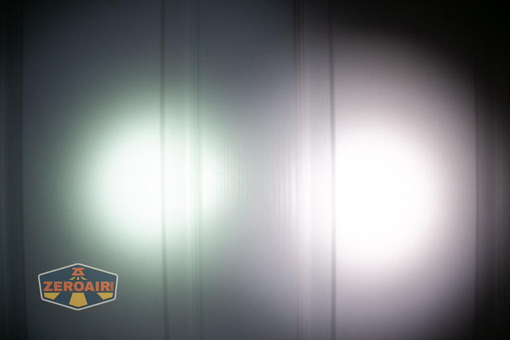 Nextorch TA21 portable tactical flashlight beamshots on door (at 1') compared to nichia 219b 4500K