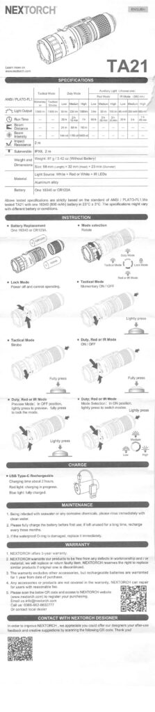 Nextorch TA21 portable tactical flashlight manual