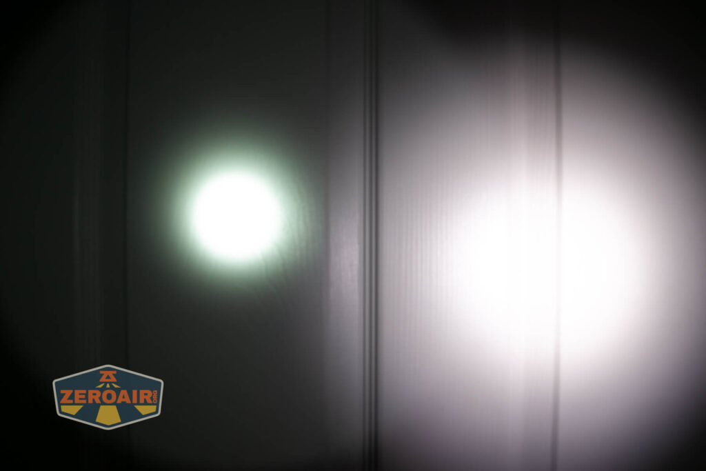 Olight Baton Turbo Orange flashlight beamshots on door compared to nichia 219b