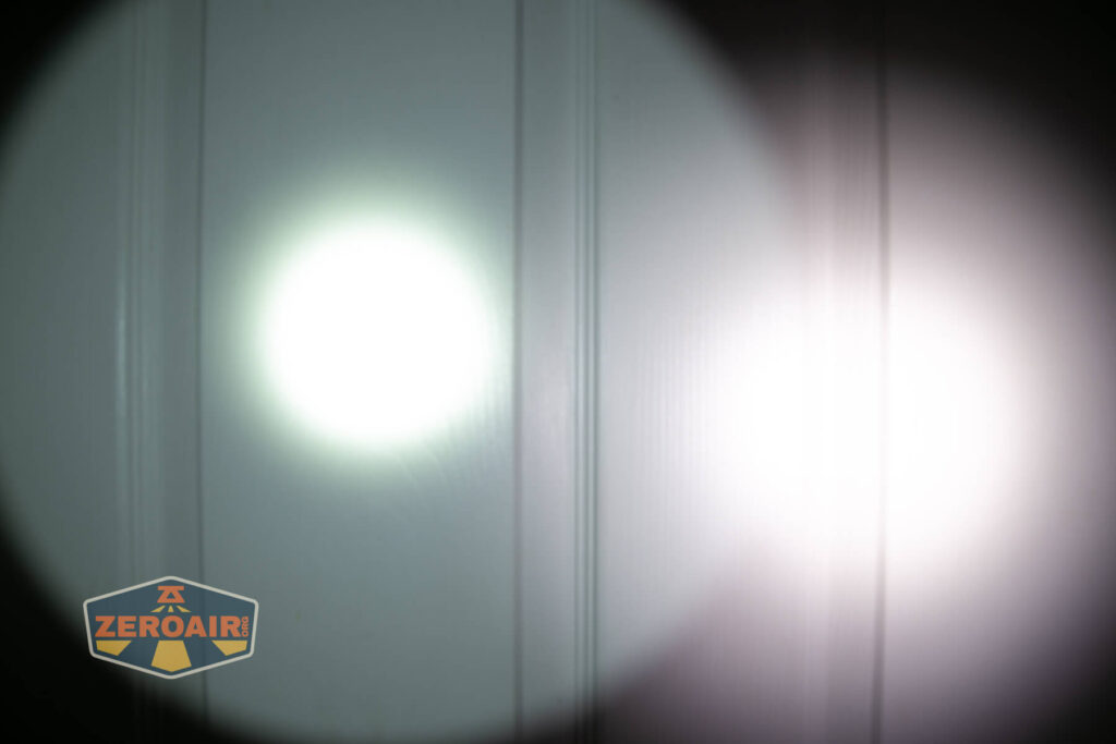 Olight Baton Turbo Orange flashlight beamshots on door compared to nichia 219b