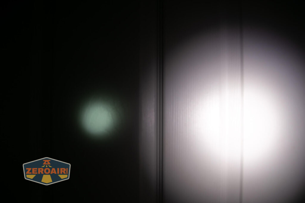 Sofirn SR12 pocket flashlight beamshots on door (at 1') compared to nichia 219b 4500K