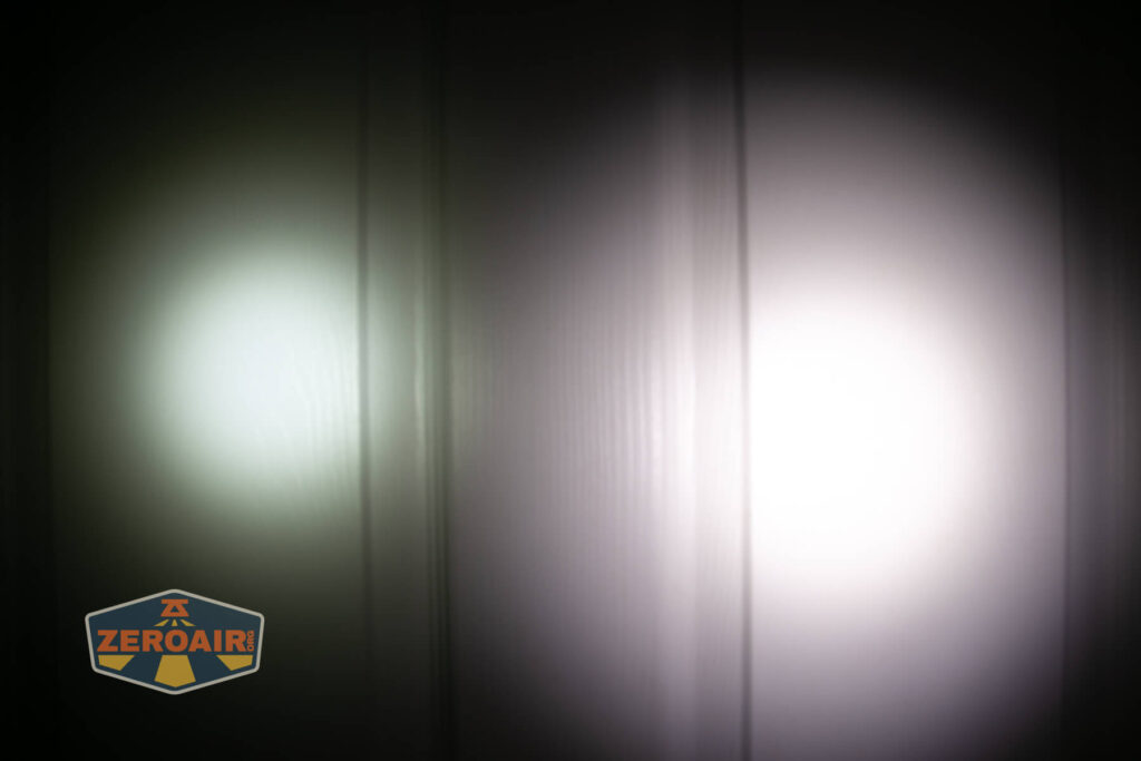 Sofirn SR20 Mini EDC flashlight beamshots on door (at 1') compared to nichia 219b 4500K