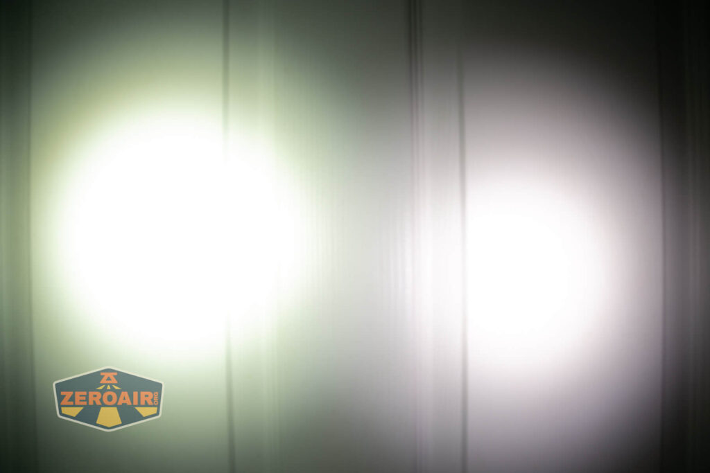 Sofirn SR20 Mini EDC flashlight beamshots on door (at 1') compared to nichia 219b 4500K