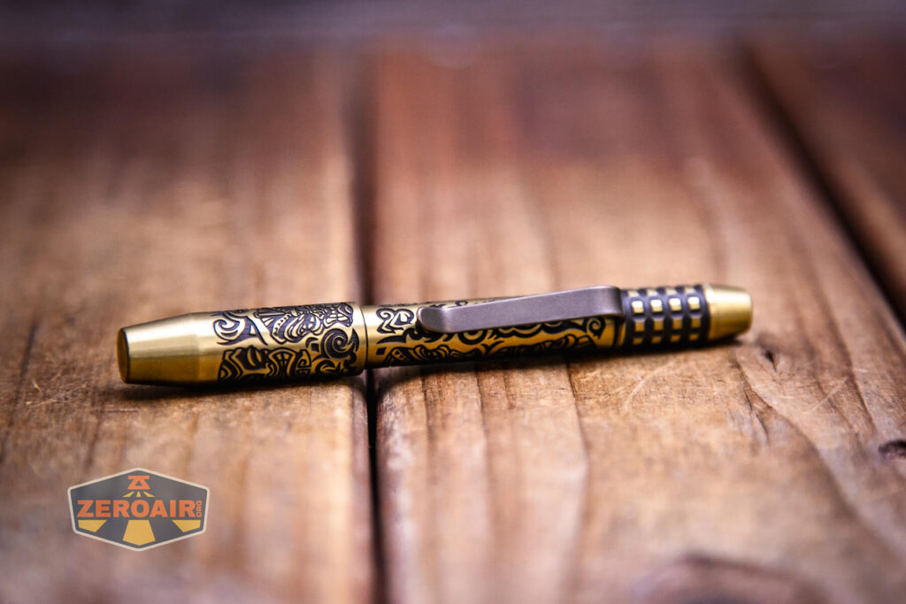 Ti2 Techliner Brass Tiki Grid Pen titanium clip side view