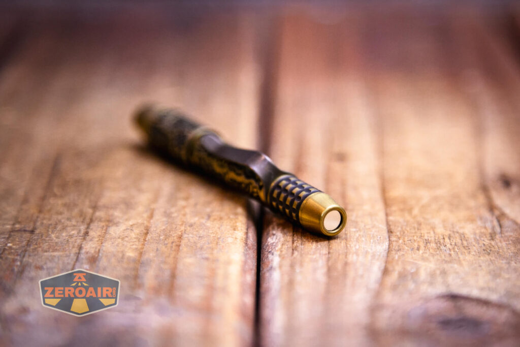 Ti2 Techliner Brass Tiki Grid Pen tail end view with magnet