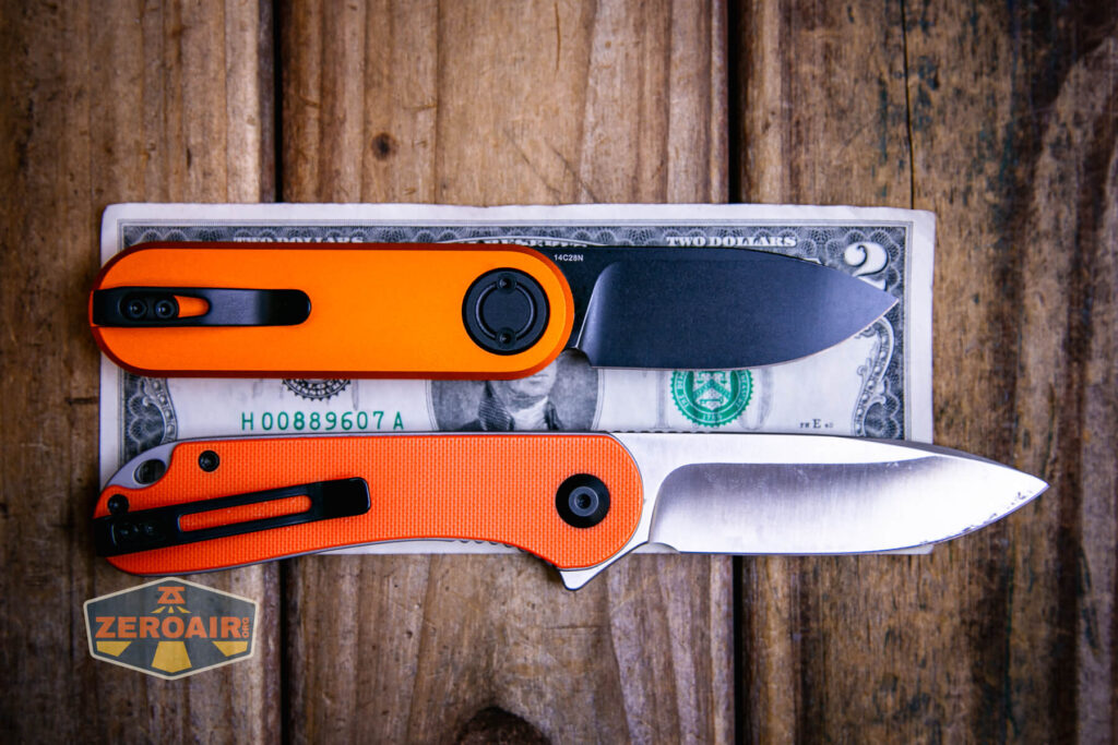 Vosteed Corgi V knife on two dollar bill and with civivi elementum