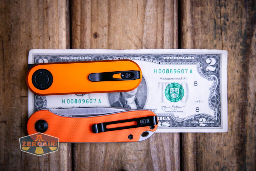 Vosteed Corgi V knife on two dollar bill and with civivi elementum