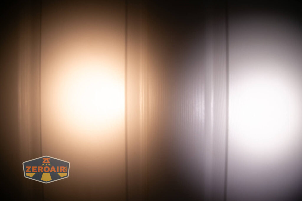 Emisar D3AA 4500K flashlight beamshots on door (at 1') compared to nichia 219b 4500K