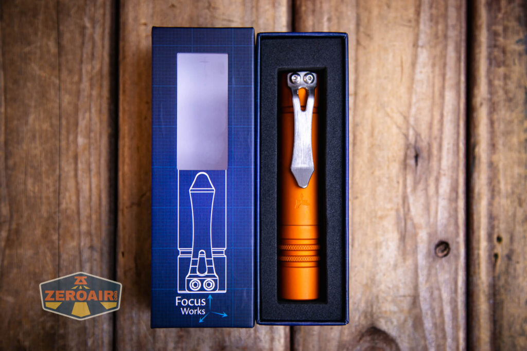 Focusworks EDC F3 Pumpkin Orange flashlight what's included